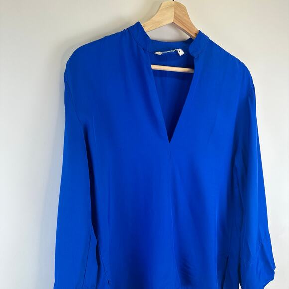 Zara Long Sleeve Royal Blue Deep V Neck Slit Blouse Womens Small Flowy Boxy - Picture 2 of 14